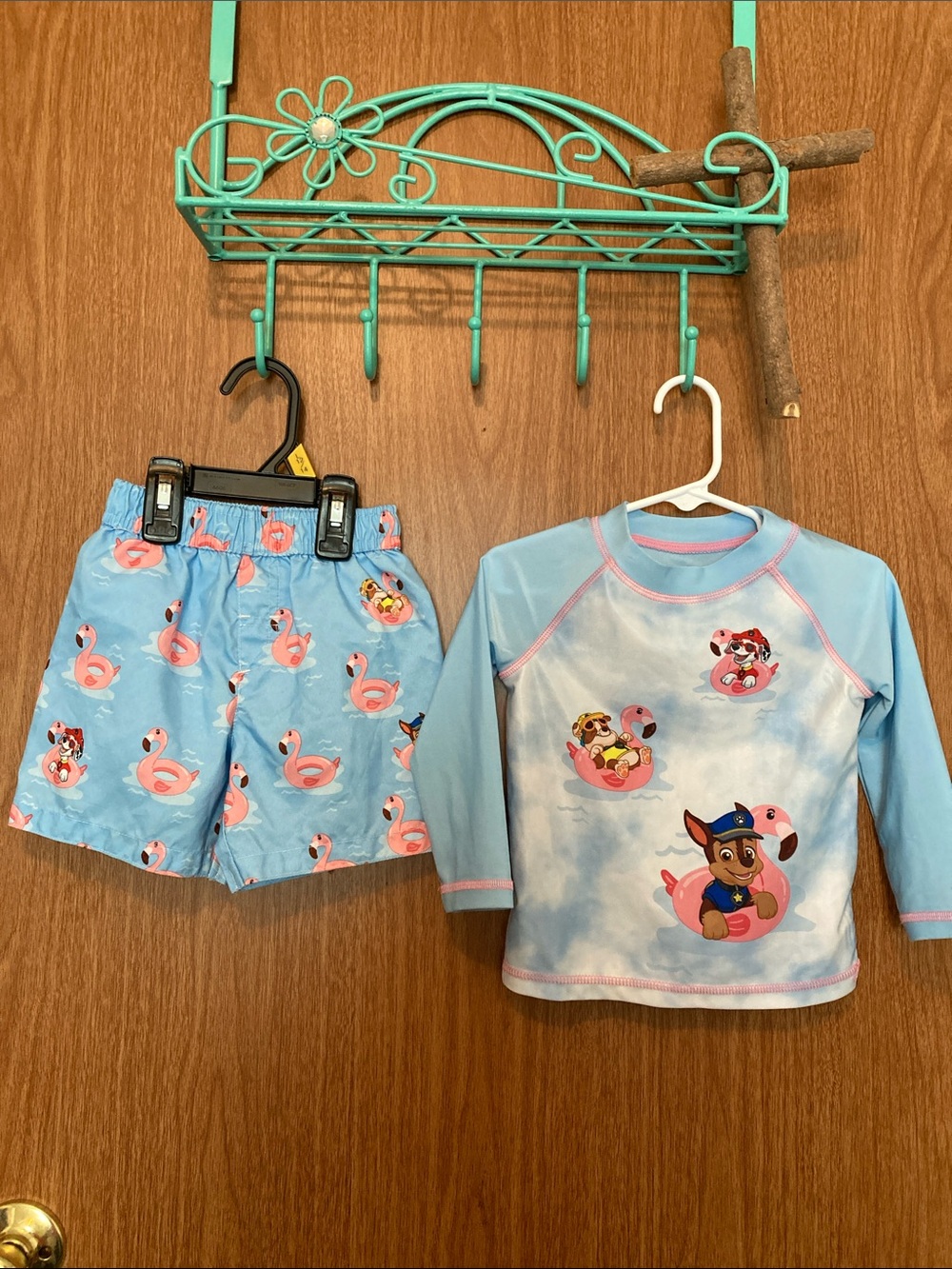 Paw Patrol Light Blue Kids Rash Guard & Swim Shorts with Pink Flamingo Motif